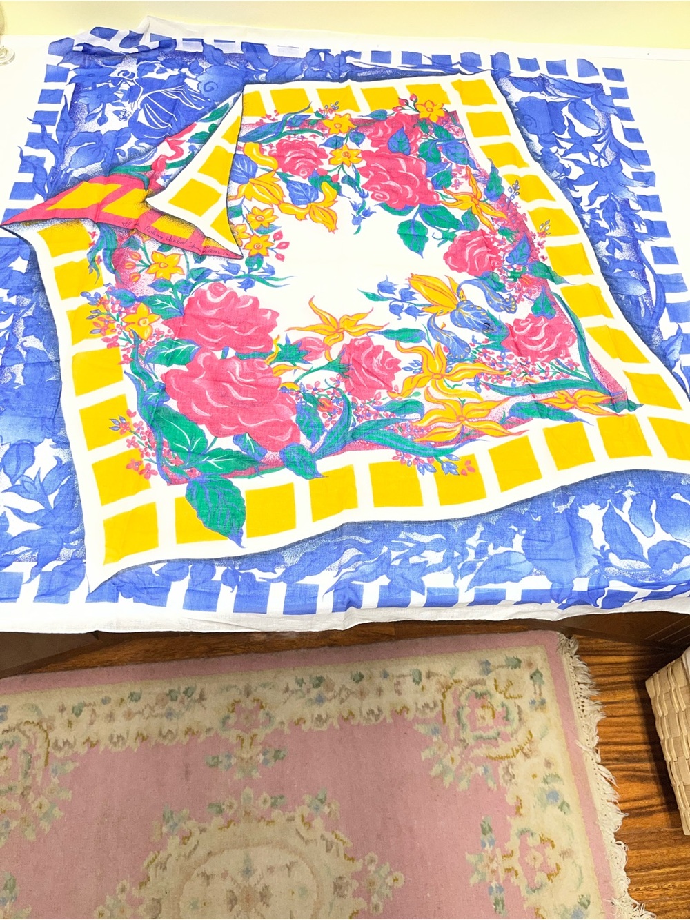 Lancing Parfums Vibrant Floral Cotton Scarf in Yellow, Blue, Pink, Green